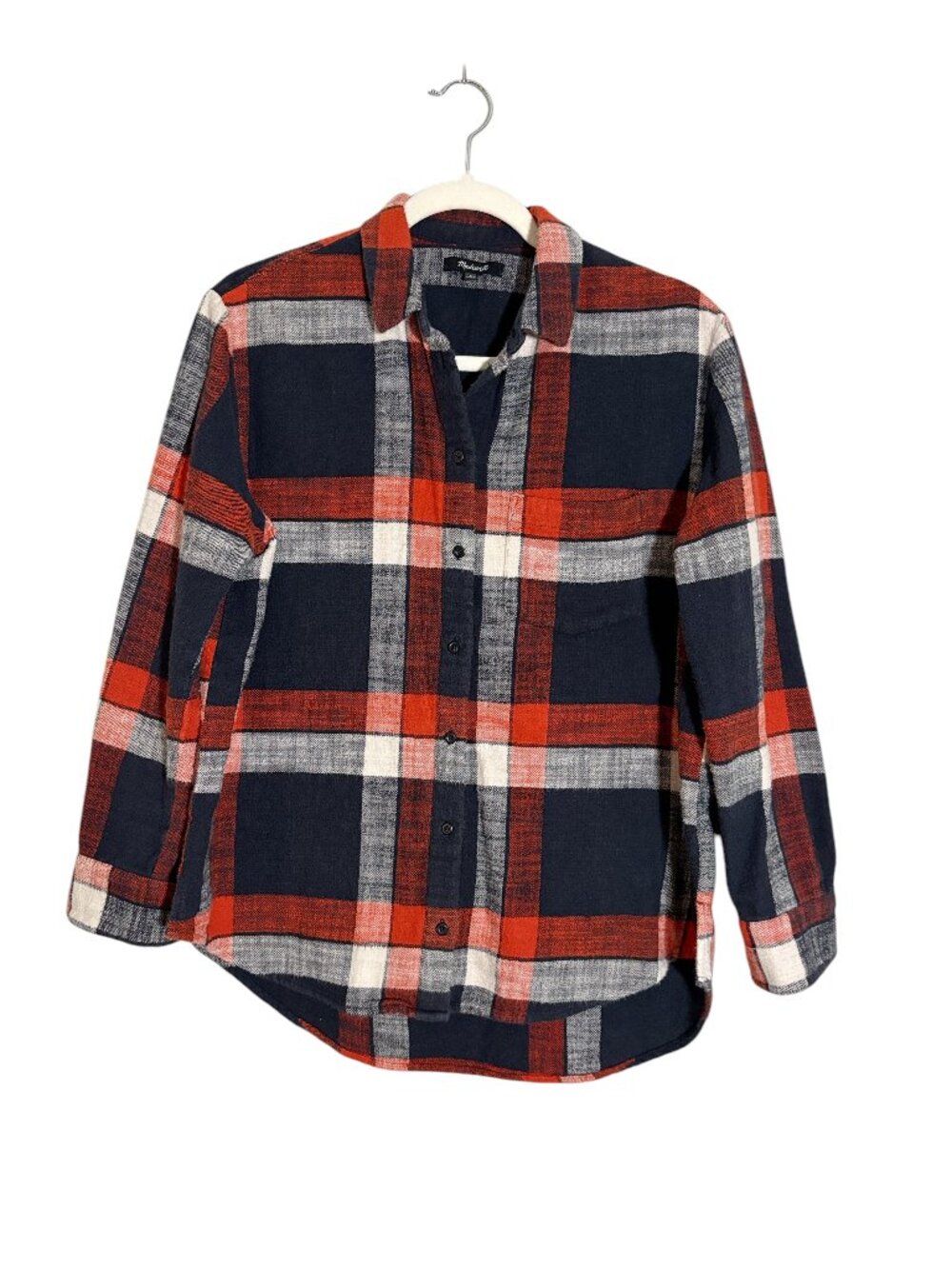 Madewell Red Navy White Plaid Flannel Button Up Long Sleeve Shirt - Size S